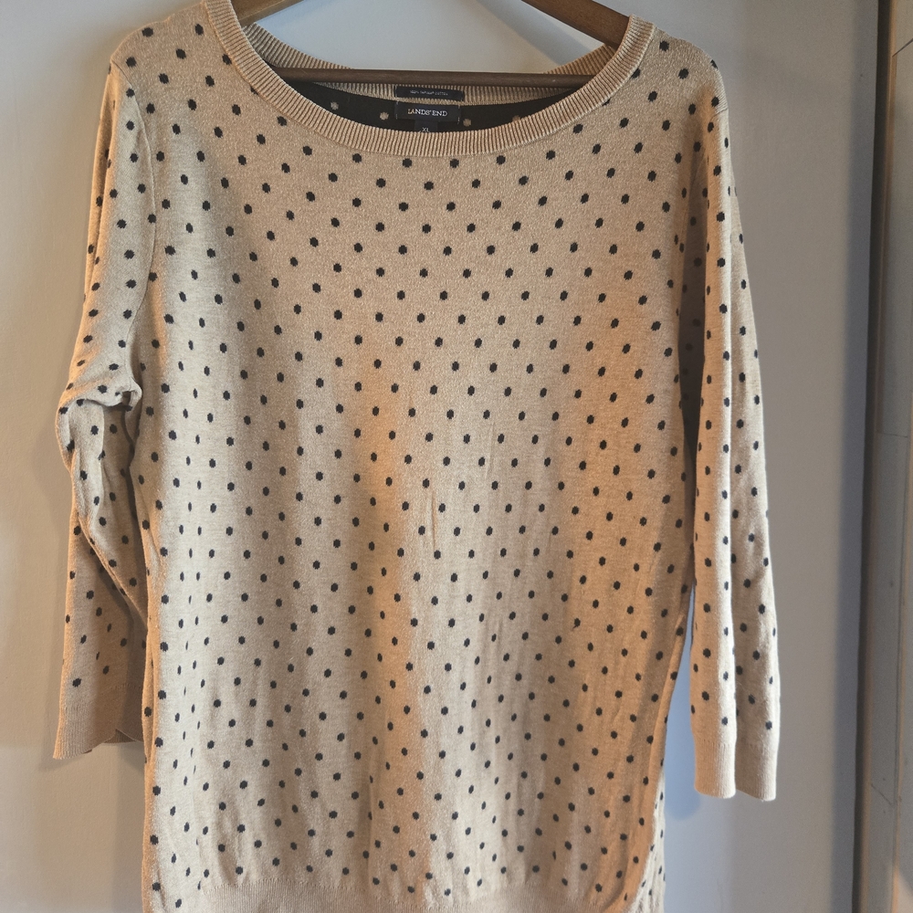 Lands' End Tan and Black Polka Dot Sweater